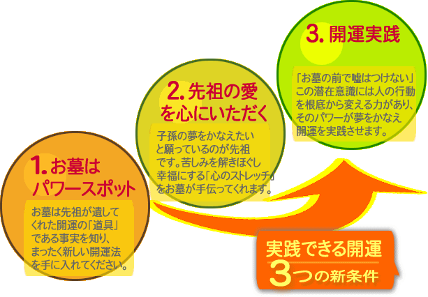 実践できる開運3つの新条件。1.お墓はパワースポット。お墓は先祖が遺してくれた開運の道具である事実を知り、まったく新しい開運法を手に入れてください。2.先祖の愛を心にいただく。子孫の夢をかなえたいと願っているのが先祖です。苦しみを解きほぐし幸福にする心のストレッチをお墓が手伝ってくれます。3.開運実践「お墓の前で嘘はつけない」この潜在意識には人の行動を根底から変える力があり、そのパワーが夢をかなえ開運を実践させます。